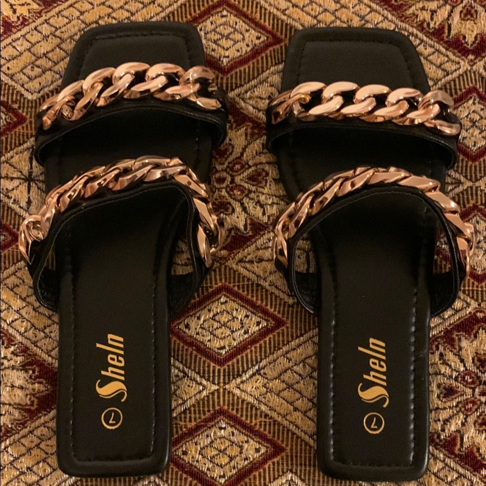 NWOT SHEIN Black and Gold Chain Slide Sandals - Picture 3 of 5
